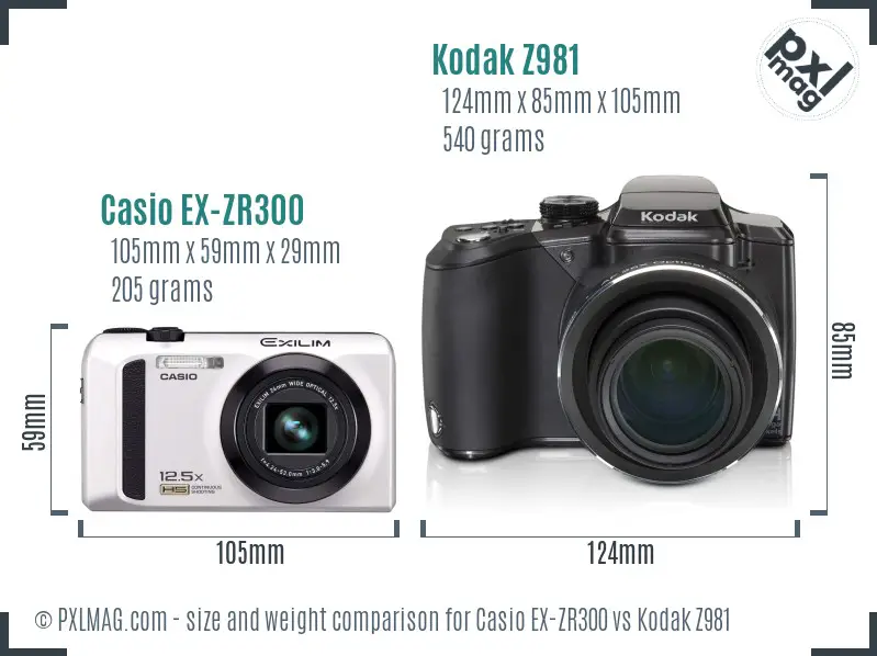 Casio EX-ZR300 vs Kodak Z981 size comparison