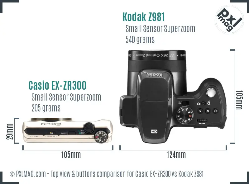 Casio EX-ZR300 vs Kodak Z981 top view buttons comparison
