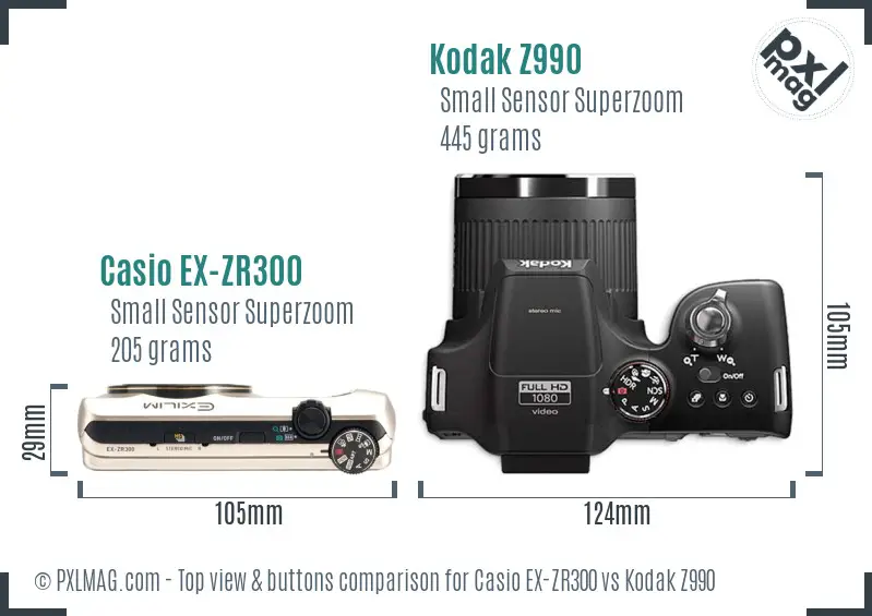 Casio EX-ZR300 vs Kodak Z990 top view buttons comparison