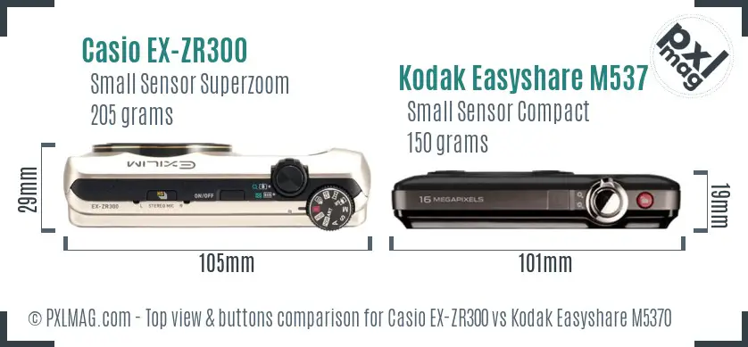 Casio EX-ZR300 vs Kodak Easyshare M5370 top view buttons comparison