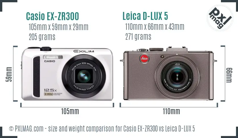 Casio EX-ZR300 vs Leica D-LUX 5 size comparison