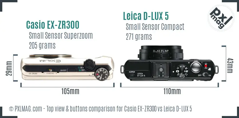Casio EX-ZR300 vs Leica D-LUX 5 top view buttons comparison