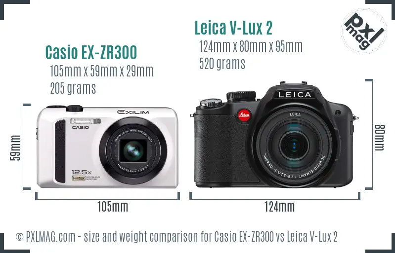 Casio EX-ZR300 vs Leica V-Lux 2 size comparison