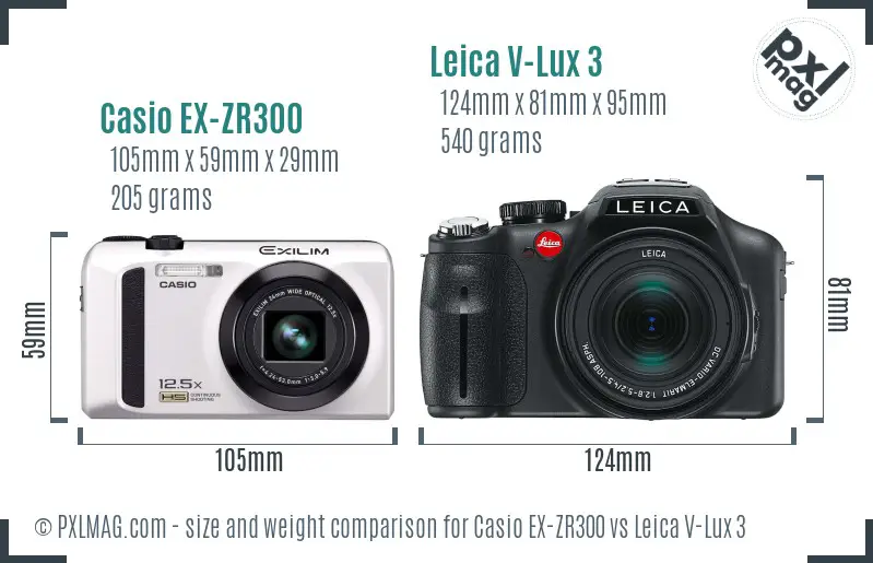 Casio EX-ZR300 vs Leica V-Lux 3 size comparison