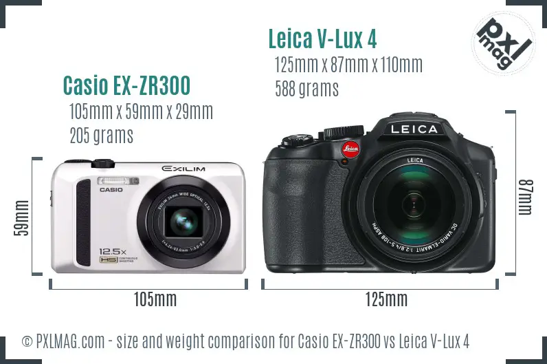 Casio EX-ZR300 vs Leica V-Lux 4 size comparison