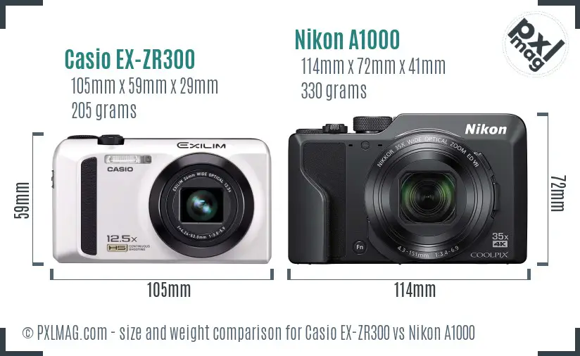 Casio EX-ZR300 vs Nikon A1000 size comparison