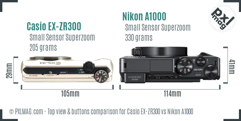 Casio EX-ZR300 vs Nikon A1000 top view buttons comparison