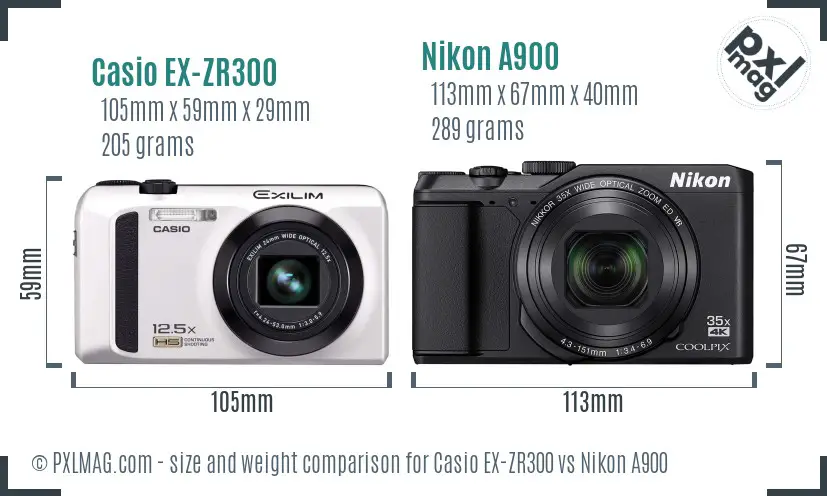 Casio EX-ZR300 vs Nikon A900 size comparison