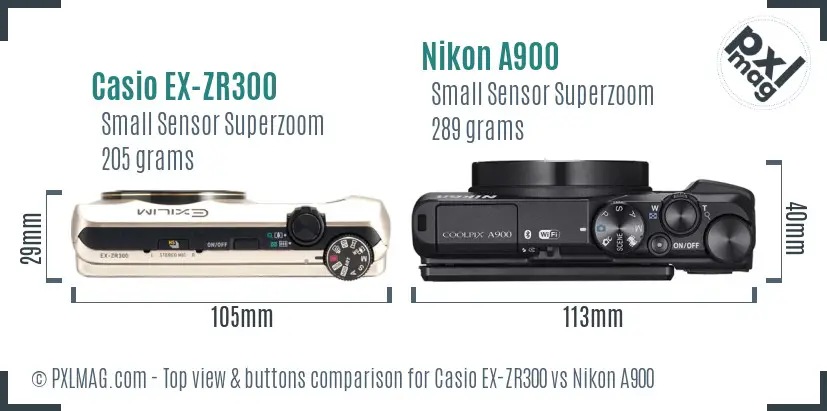 Casio EX-ZR300 vs Nikon A900 top view buttons comparison