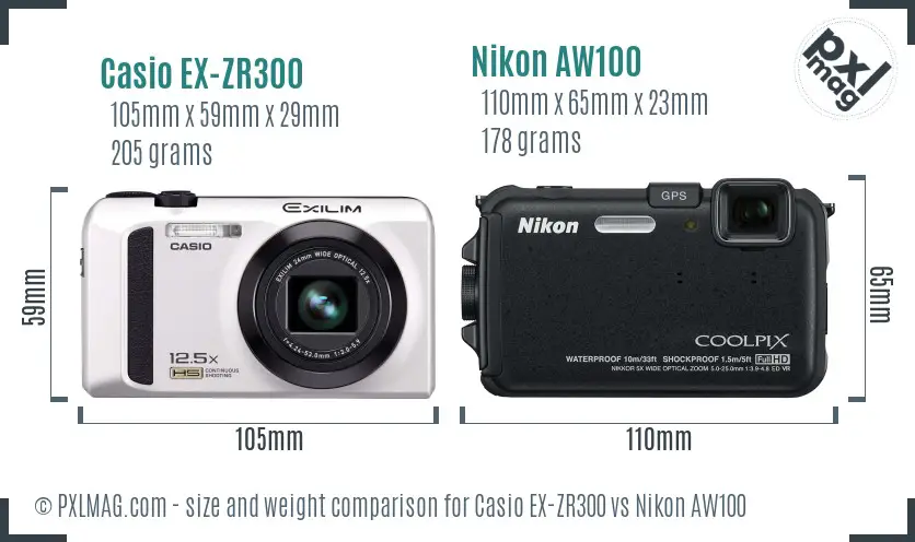 Casio EX-ZR300 vs Nikon AW100 size comparison