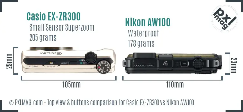 Casio EX-ZR300 vs Nikon AW100 top view buttons comparison