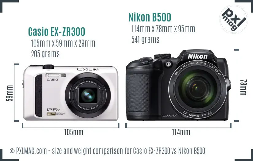 Casio EX-ZR300 vs Nikon B500 size comparison
