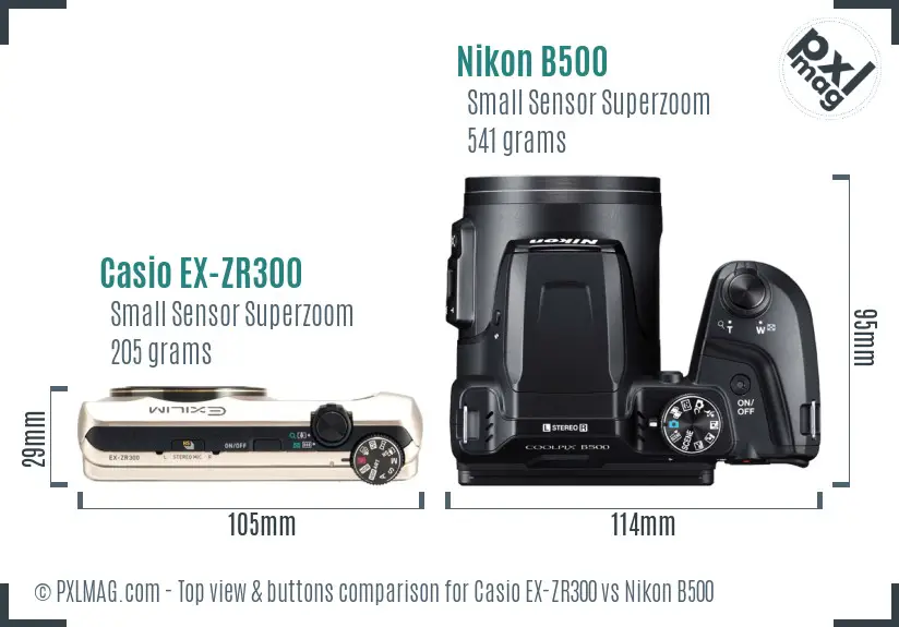 Casio EX-ZR300 vs Nikon B500 top view buttons comparison