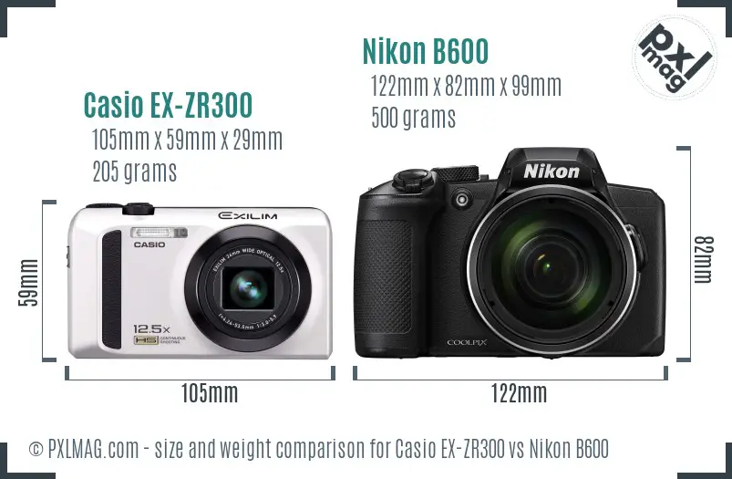 Casio EX-ZR300 vs Nikon B600 size comparison