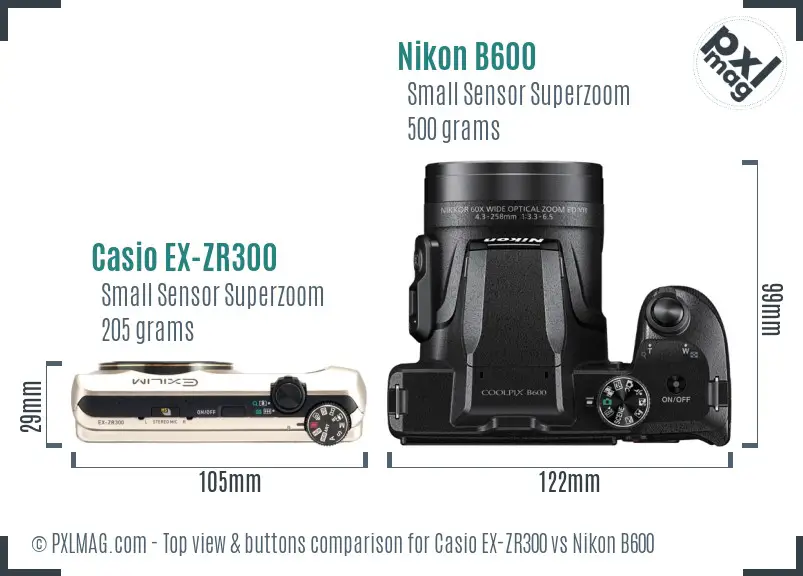 Casio EX-ZR300 vs Nikon B600 top view buttons comparison