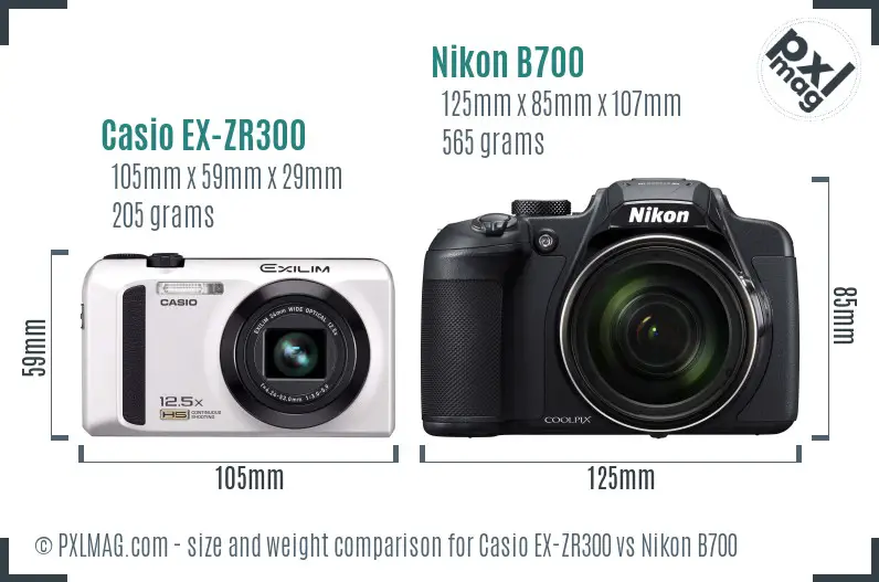 Casio EX-ZR300 vs Nikon B700 size comparison