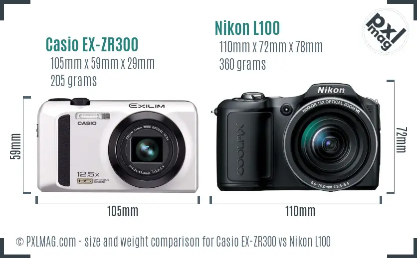 Casio EX-ZR300 vs Nikon L100 size comparison