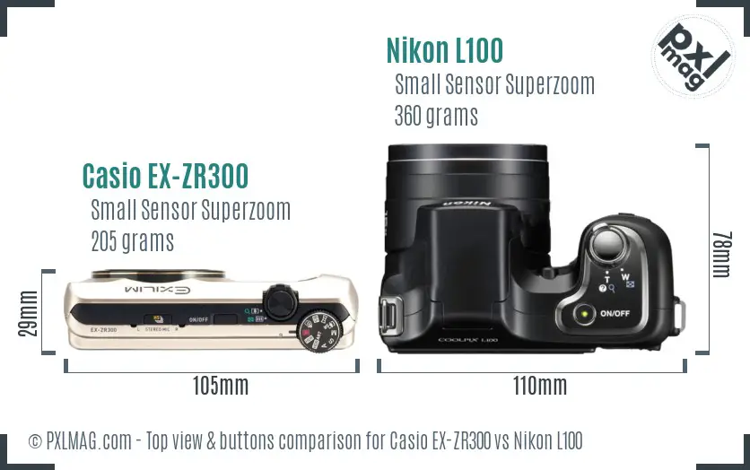 Casio EX-ZR300 vs Nikon L100 top view buttons comparison