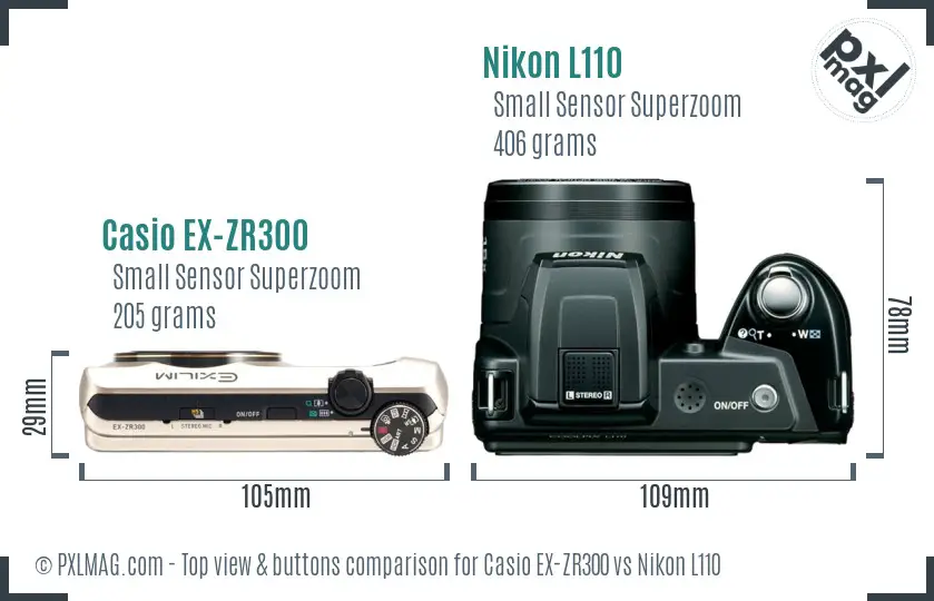 Casio EX-ZR300 vs Nikon L110 top view buttons comparison