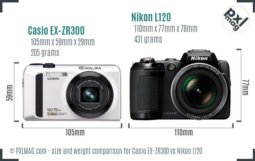 Casio EX-ZR300 vs Nikon L120 size comparison