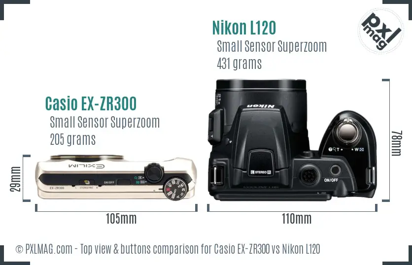 Casio EX-ZR300 vs Nikon L120 top view buttons comparison