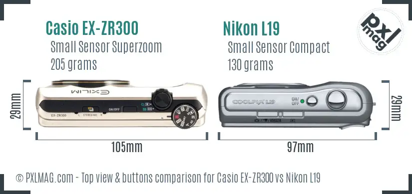 Casio EX-ZR300 vs Nikon L19 top view buttons comparison