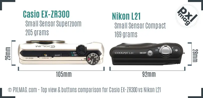 Casio EX-ZR300 vs Nikon L21 top view buttons comparison