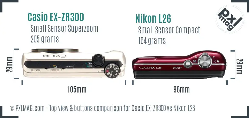 Casio EX-ZR300 vs Nikon L26 top view buttons comparison