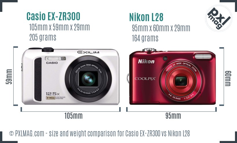 Casio EX-ZR300 vs Nikon L28 size comparison