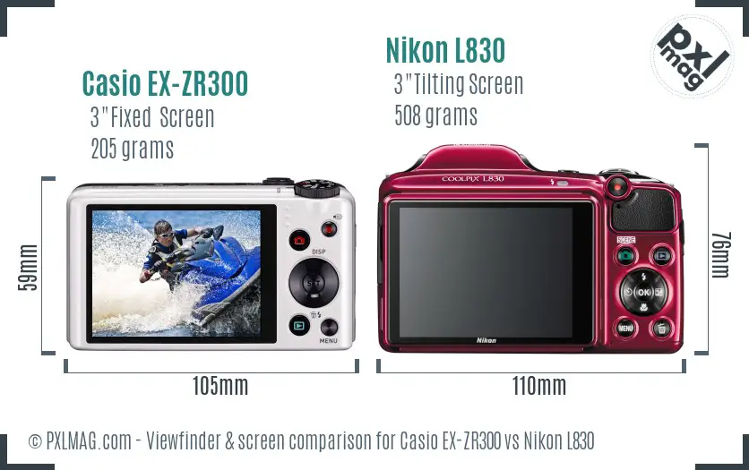 Casio EX-ZR300 vs Nikon L830 Screen and Viewfinder comparison