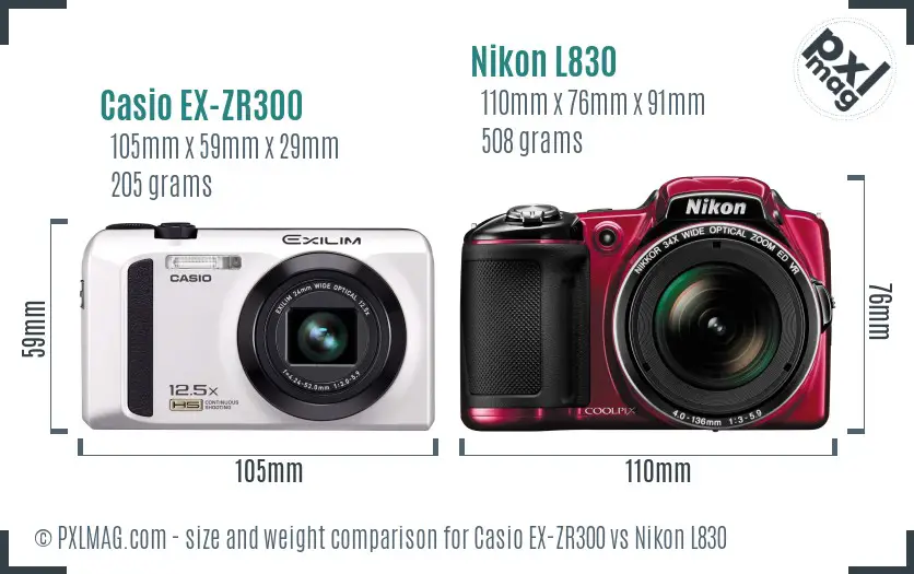 Casio EX-ZR300 vs Nikon L830 size comparison