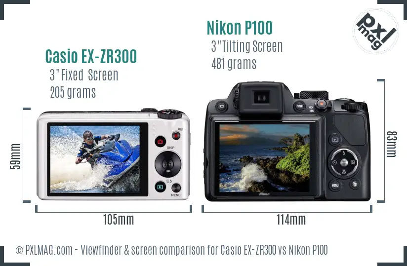 Casio EX-ZR300 vs Nikon P100 Screen and Viewfinder comparison