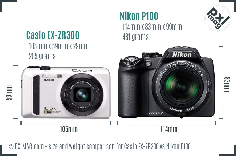 Casio EX-ZR300 vs Nikon P100 size comparison