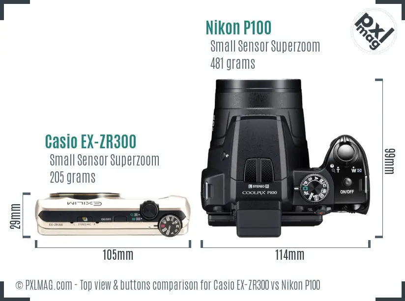 Casio EX-ZR300 vs Nikon P100 top view buttons comparison