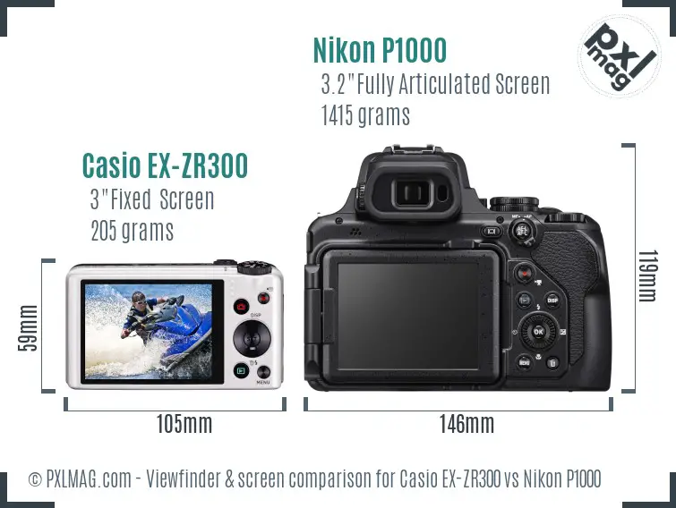 Casio EX-ZR300 vs Nikon P1000 Screen and Viewfinder comparison