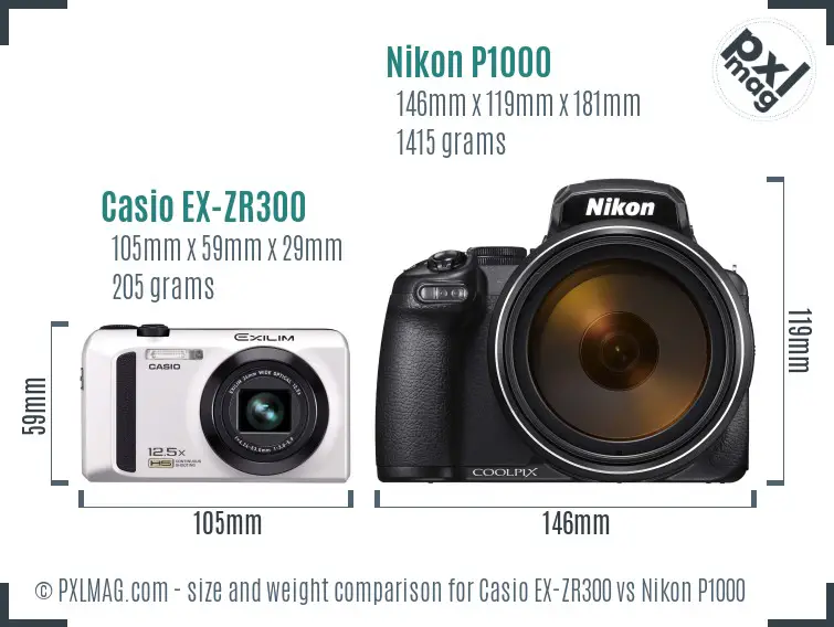 Casio EX-ZR300 vs Nikon P1000 size comparison