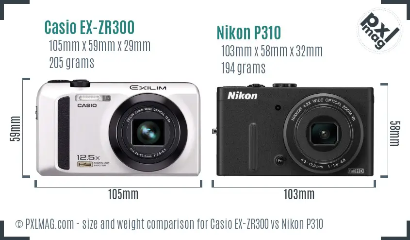 Casio EX-ZR300 vs Nikon P310 size comparison