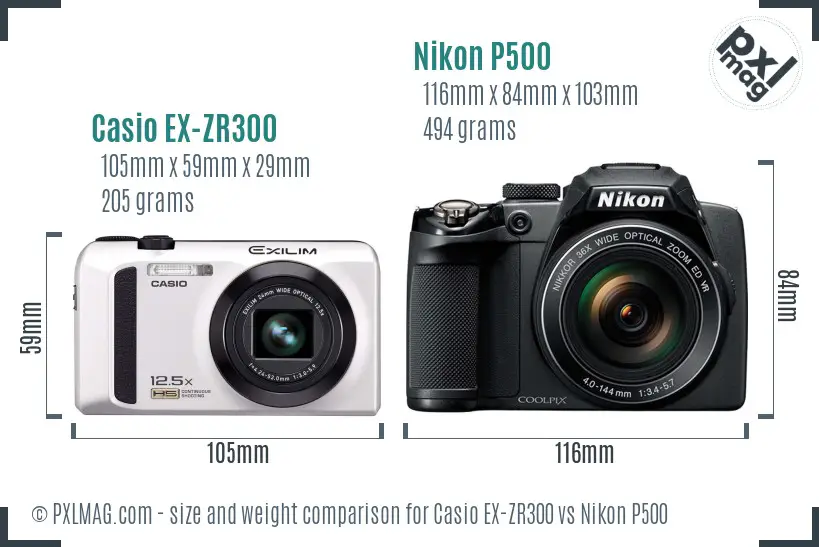 Casio EX-ZR300 vs Nikon P500 size comparison Casio EX-ZR300 vs Nikon P500 size comparison