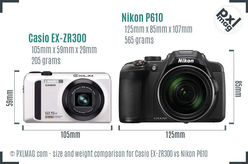 Casio EX-ZR300 vs Nikon P610 size comparison