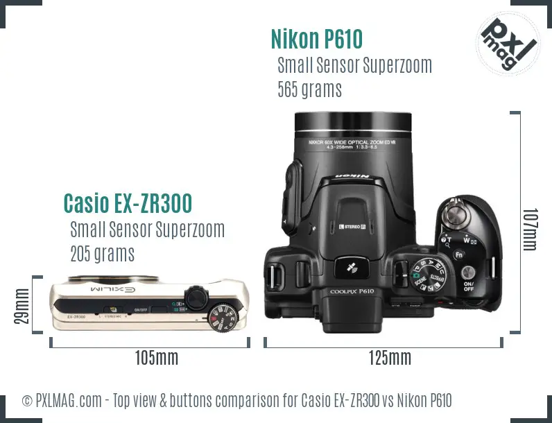 Casio EX-ZR300 vs Nikon P610 top view buttons comparison