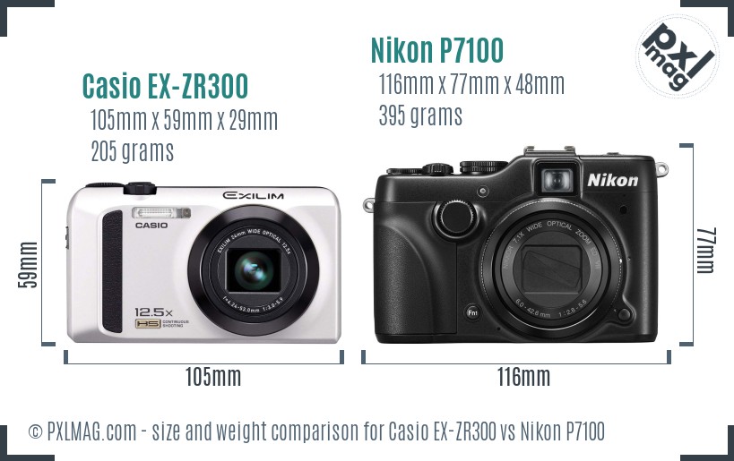 Casio EX-ZR300 vs Nikon P7100 size comparison