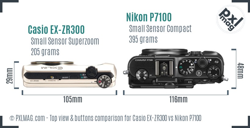 Casio EX-ZR300 vs Nikon P7100 top view buttons comparison
