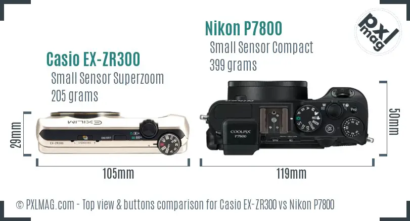 Casio EX-ZR300 vs Nikon P7800 top view buttons comparison