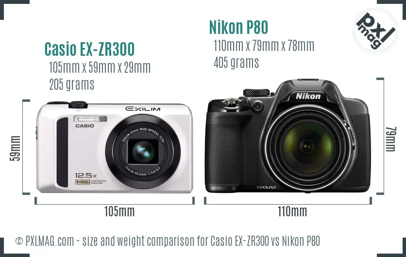 Casio EX-ZR300 vs Nikon P80 size comparison