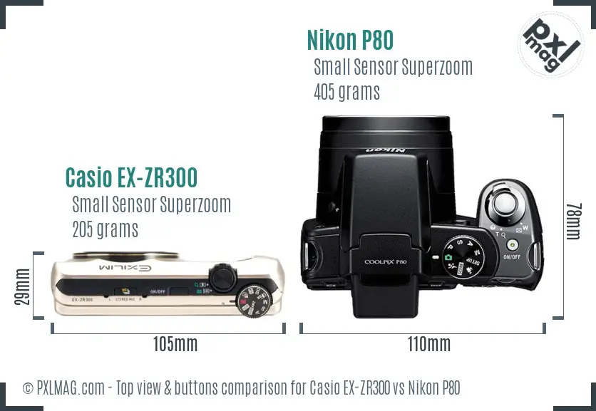 Casio EX-ZR300 vs Nikon P80 top view buttons comparison