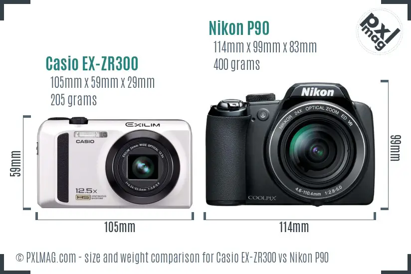 Casio EX-ZR300 vs Nikon P90 size comparison Casio EX-ZR300 vs Nikon P90 size comparison