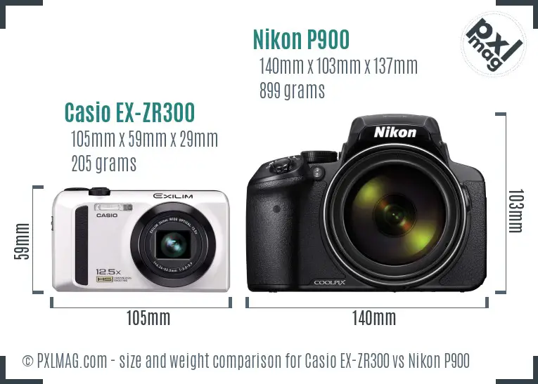 Casio EX-ZR300 vs Nikon P900 size comparison