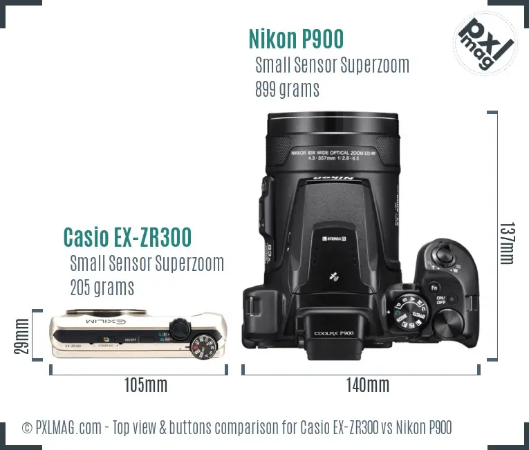 Casio EX-ZR300 vs Nikon P900 top view buttons comparison