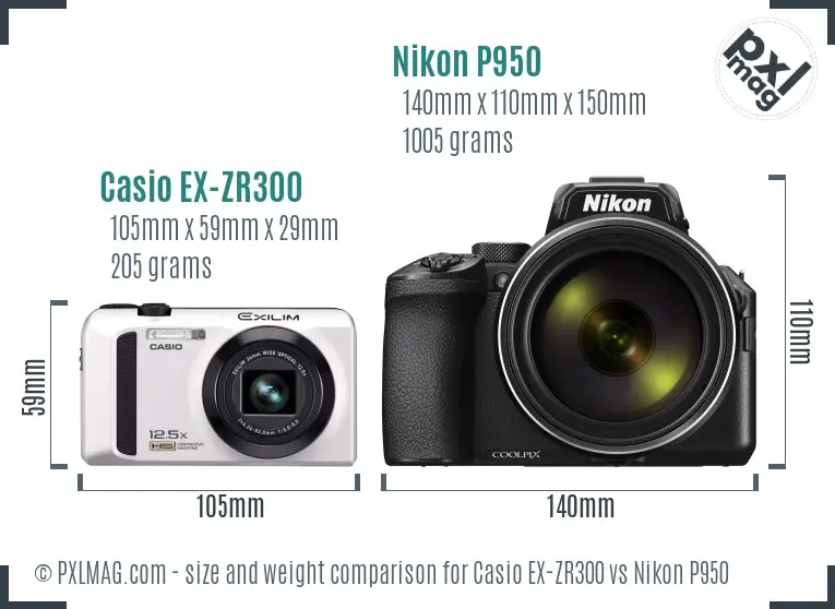 Casio EX-ZR300 vs Nikon P950 size comparison
