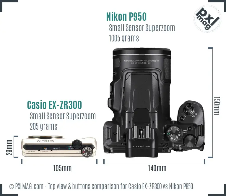 Casio EX-ZR300 vs Nikon P950 top view buttons comparison
